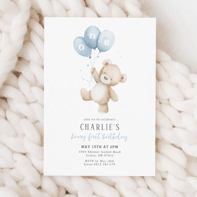 Beary First Blue Balloon Boy 1st Birthday Teddy Invitation | Zazzle
