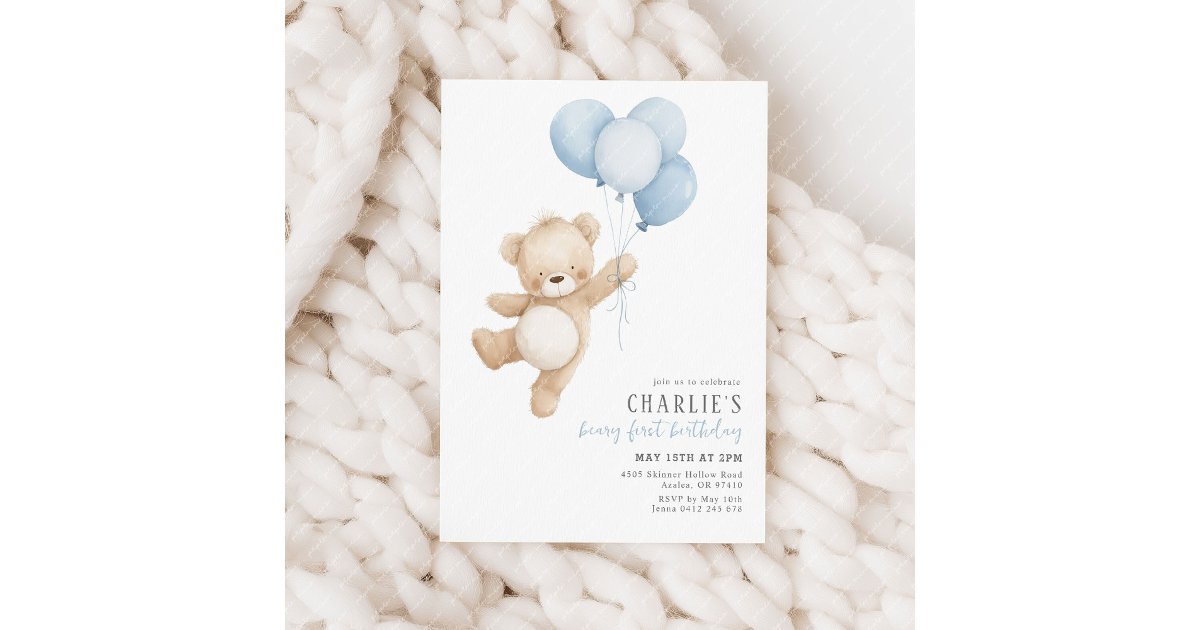 Beary First Blue Balloon Boy 1st Birthday Teddy Invitation | Zazzle