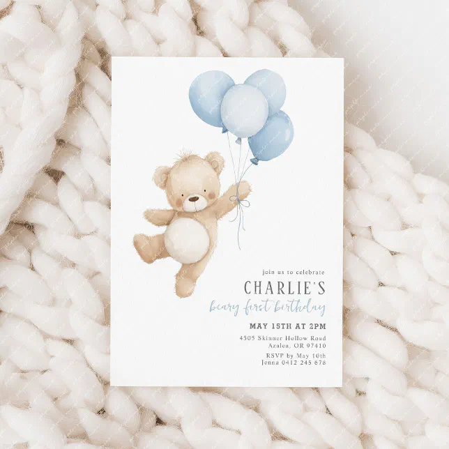 Beary First Blue Balloon Boy 1st Birthday Teddy Invitation | Zazzle