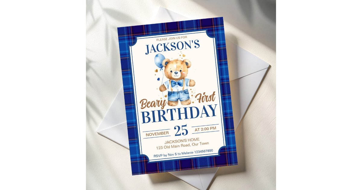 Beary first boys birthday cute teddy blue balloon invitation | Zazzle
