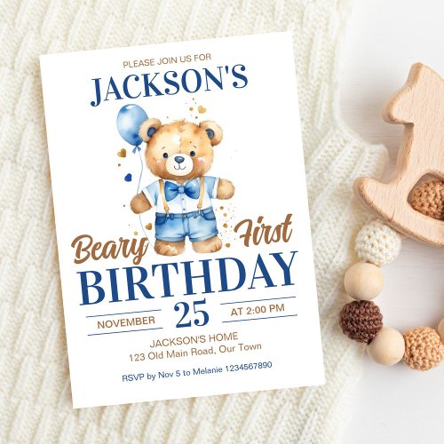 Beary first boys birthday cute teddy blue balloon invitation