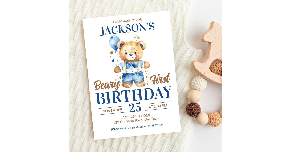 Beary first boys birthday cute teddy blue balloon invitation | Zazzle