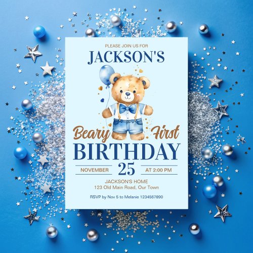 Beary first boys birthday cute teddy blue balloon invitation