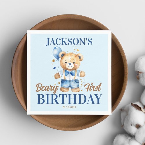 Beary first boys birthday cute teddy blue balloon napkins