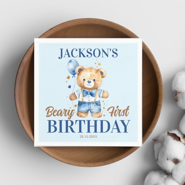 Beary first boys birthday cute teddy blue balloon napkins (Beary first birthday teddy bear party tableware personalized napkins cute teddy with denim shorts )
