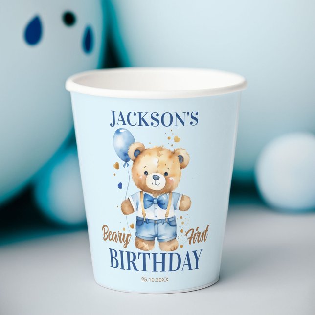 Beary first boys birthday cute teddy blue balloon paper cups (Beary first boys birthday cute teddy bear with a blue balloon personalized party paper cups)