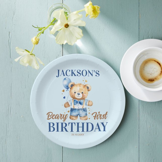 Beary first boys birthday cute teddy blue balloon paper plates (Beary first boys birthday cute teddy blue balloon personalized tableware printed paper plates)