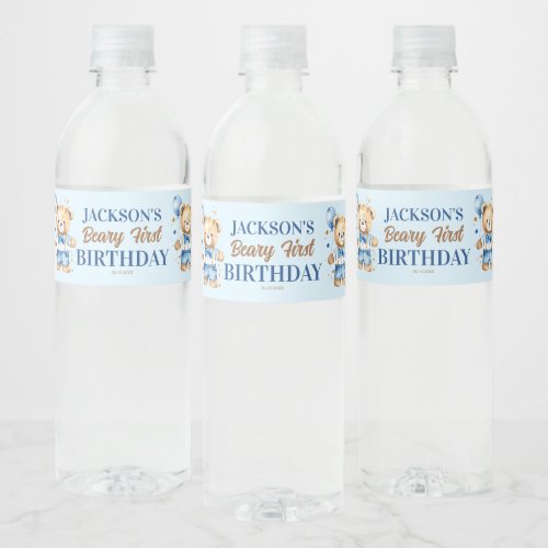 Beary first boys birthday cute teddy blue balloon water bottle label