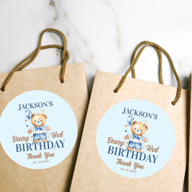 Beary first boys birthday cute teddy favor classic round sticker (Teddy bear beary first birthday blue favo thank you stickers cute watercolor teddy bear blue balloon)