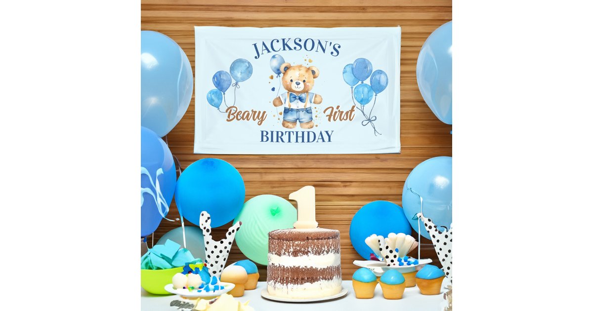 Beary first happy birthday cute teddy blue balloon banner | Zazzle