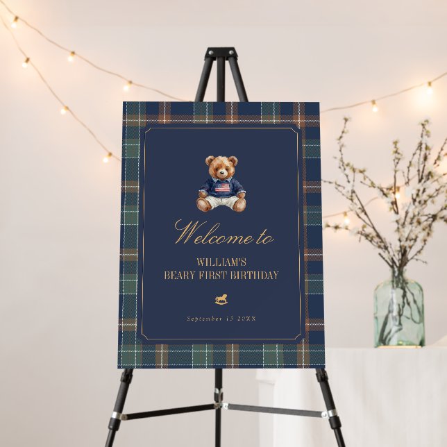 Beary First Navy Plaid Birthday Welcome Sign (In Situ (Stand))