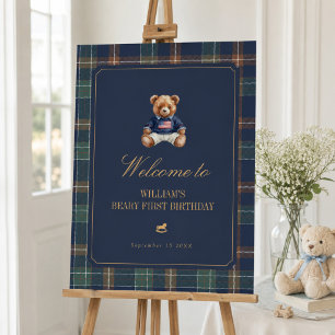 Beary First Navy Plaid Birthday Welcome Sign