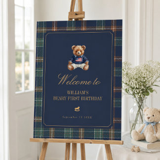 Beary First Navy Plaid Birthday Welcome Sign