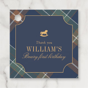Beary First Navy Plaid Square Favor Tag