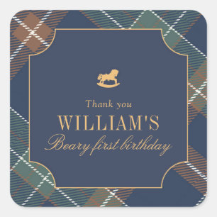 Beary First Navy Plaid Square Sticker