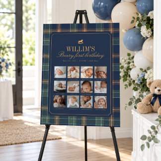 Beary First Navy Plaid Teddy Bear 12 Months Photo Foam Board