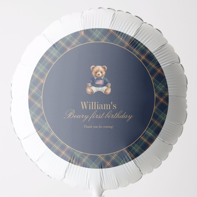 Beary First Navy Plaid Teddy Bear Birthday Balloon (Front)
