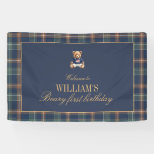 Beary First Navy Plaid Teddy Bear Birthday Banner 
