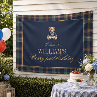 Beary First Navy Plaid Teddy Bear Birthday Banner