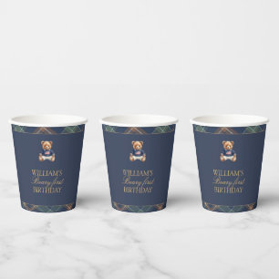 Beary First Navy Plaid Teddy Bear Birthday Paper Cups
