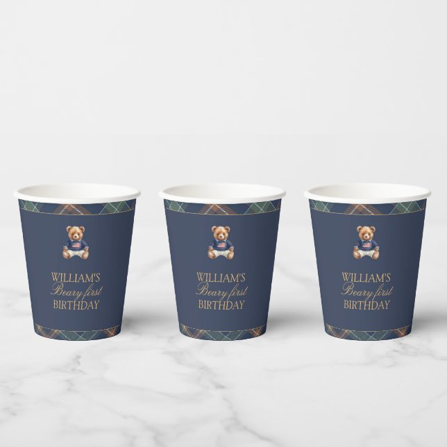 Beary First Navy Plaid Teddy Bear Birthday  Paper Cups (Multi)