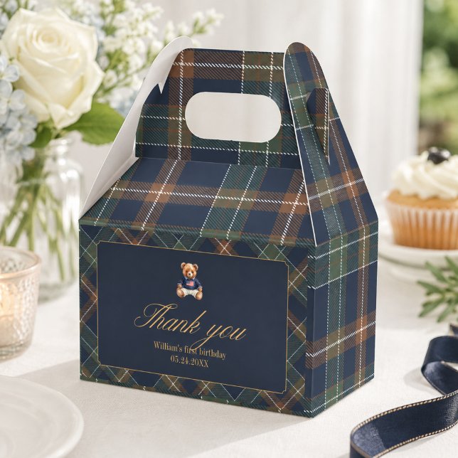 Beary First Navy Plaid Teddy Bear Boy Birthday  Favor Boxes (Creator Uploaded)