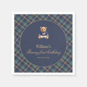 Beary First Navy Plaid Teddy Bear Boy Birthday Napkins