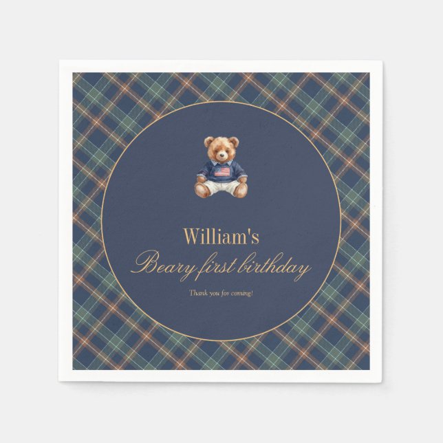 Beary First Navy Plaid Teddy Bear Boy Birthday  Napkins (Front)