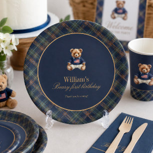 Beary First Navy Plaid Teddy Bear Boy Birthday  Paper Plates