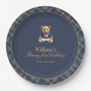 Beary First Navy Plaid Teddy Bear Boy Birthday  Paper Plates