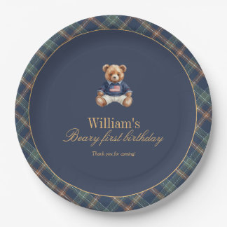 Beary First Navy Plaid Teddy Bear Boy Birthday  Paper Plates