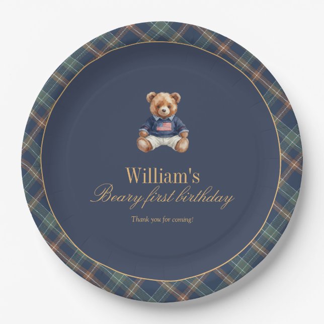 Beary First Navy Plaid Teddy Bear Boy Birthday  Paper Plates (Front)
