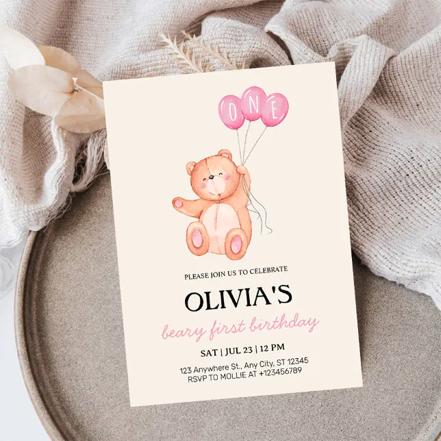 Beary First Pink Balloon 1st Birthday Teddy Invitation | Zazzle