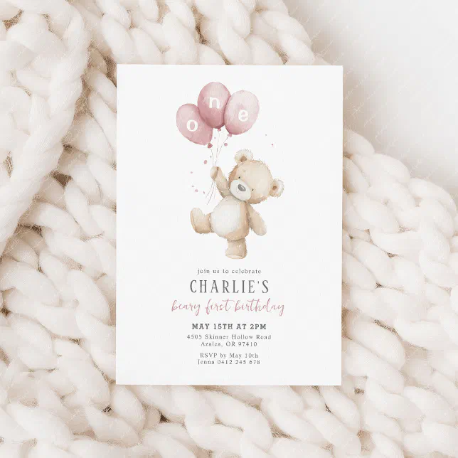 Beary First Pink Balloon Boy 1st Birthday Teddy Invitation | Zazzle