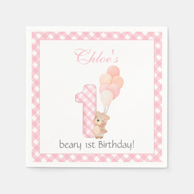 Beary First pink Teddy Bear Birthday Party  Napkins (Front)