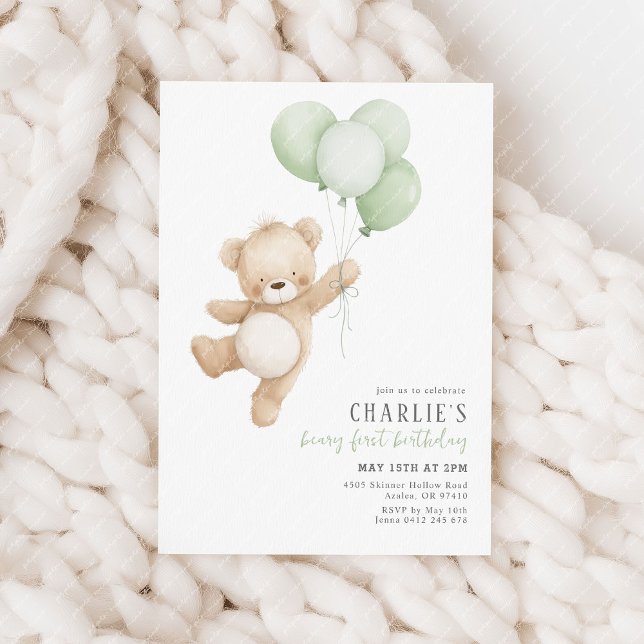 Beary First Sage Balloon Boy 1st Birthday Teddy Invitation (Beary 1st birthday invitation | Sage green balloons and teddy bear.)