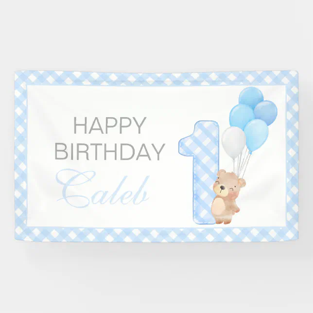 Beary First Teddy Bear Blue gingham Birthday Party Banner | Zazzle