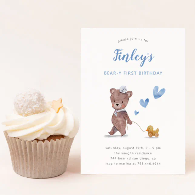Beary First Teddy Bear Boy Birthday Part Invitation | Zazzle