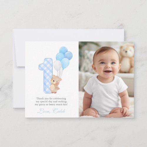 Beary First Teddy Bear Boy Birthday Party guest  Thank You Card