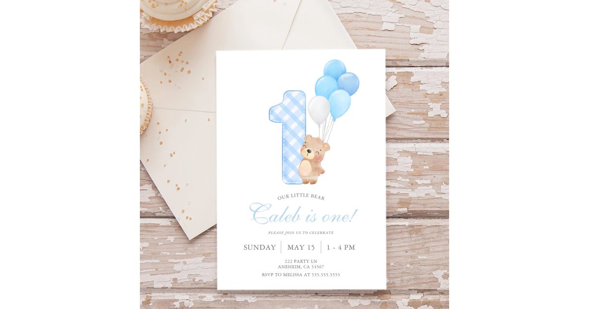 Beary First Teddy Bear Boy Birthday Party Invitation | Zazzle