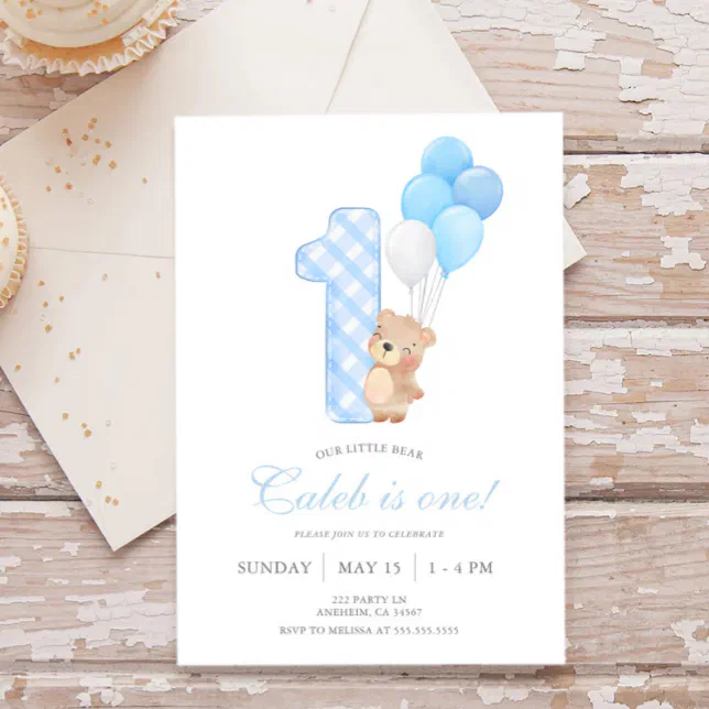 Beary First Teddy Bear Boy Birthday Party Invitation | Zazzle
