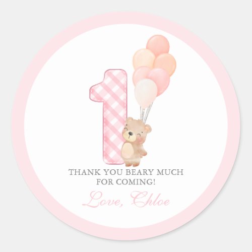 Beary First Teddy Bear Girl Birthday Party Classic Round Sticker