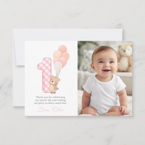 Beary First Teddy Bear Girl Birthday Party guest  Thank You Card
