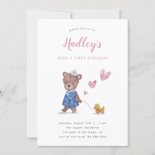 Beary First Teddy Bear Girl Birthday Party Invitat Invitation