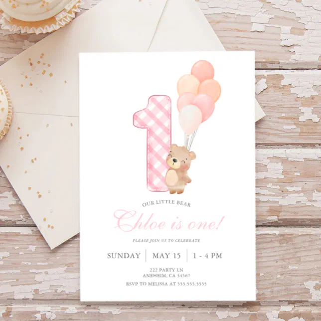 Beary First Teddy Bear Girl Birthday Party Invitation | Zazzle