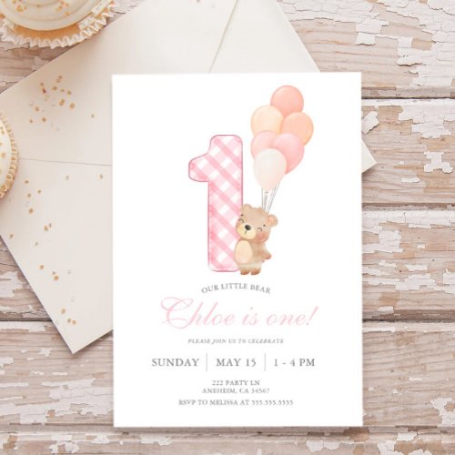 Beary First Teddy Bear Girl Birthday Party Invitation