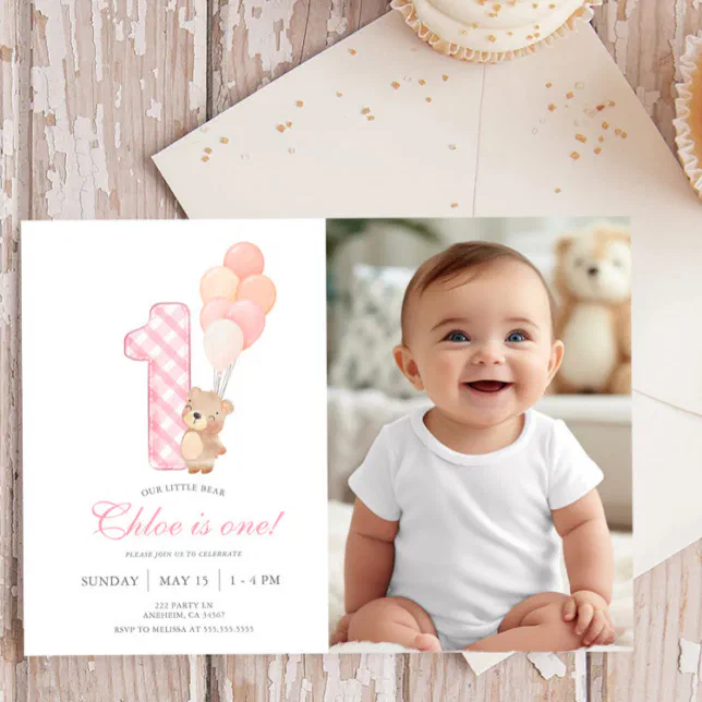 Beary First Teddy Bear Girl Birthday Party photo Invitation | Zazzle