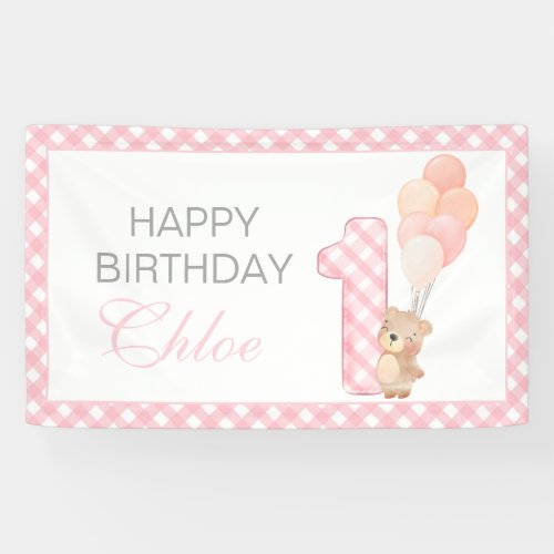 Beary First Teddy Bear Girl gingham Birthday Party Banner