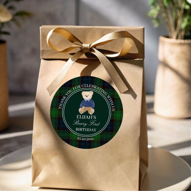 Beary first teddy bear green plaid birthday favor classic round sticker (Beary first party favor stickers teddy bear green plaid birthday personalized favor gift stickers)