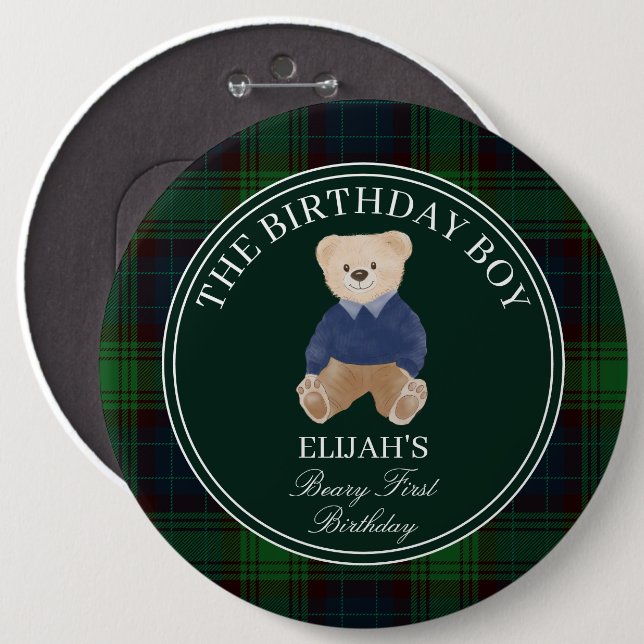 Beary first teddy bear green plaid birthday party button (Front & Back)